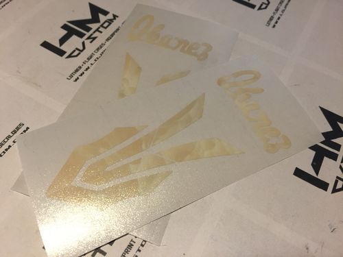 70s Ibanez Custom Headstock Logo Yellow Fake MOP (Vinyl Sticker)